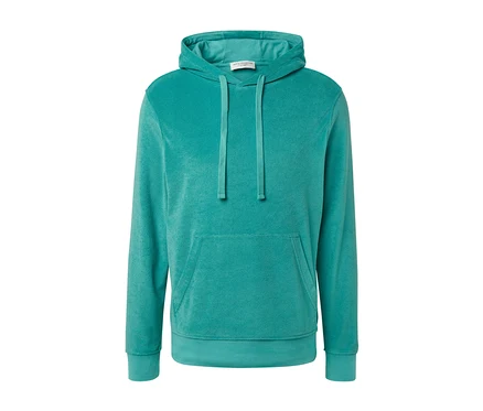Un sweat à capuche vert en tissu éponge avec une poche kangourou.