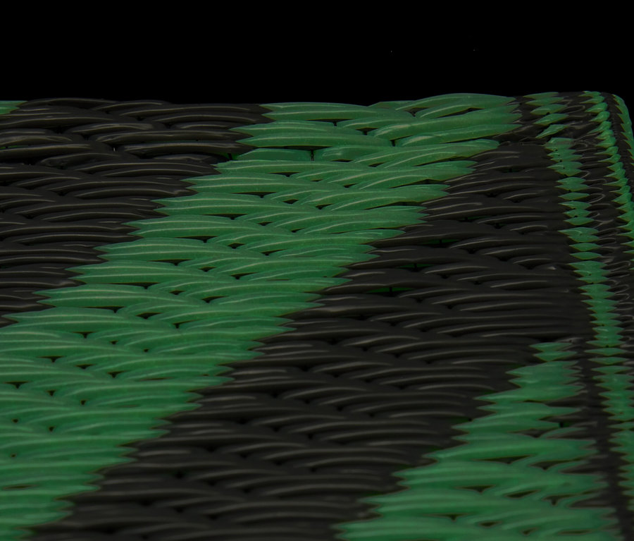 Gros plan sur un tapis de tente fluorescent avec des rayures vertes et noires alternées.