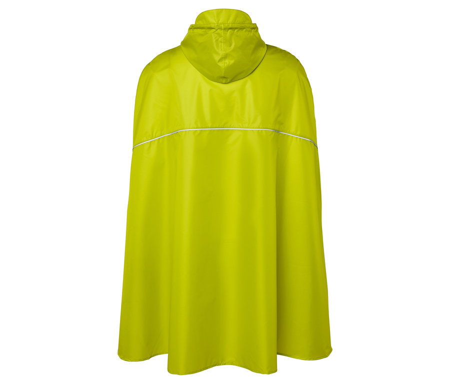 Vue arrière d'un poncho de pluie jaune avec capuche et bande réfléchissante.