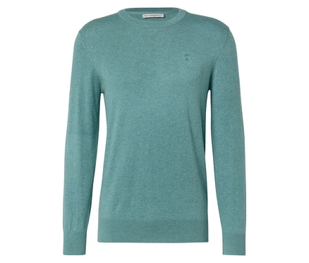 Pull en maille vert clair avec col rond et manches longues.