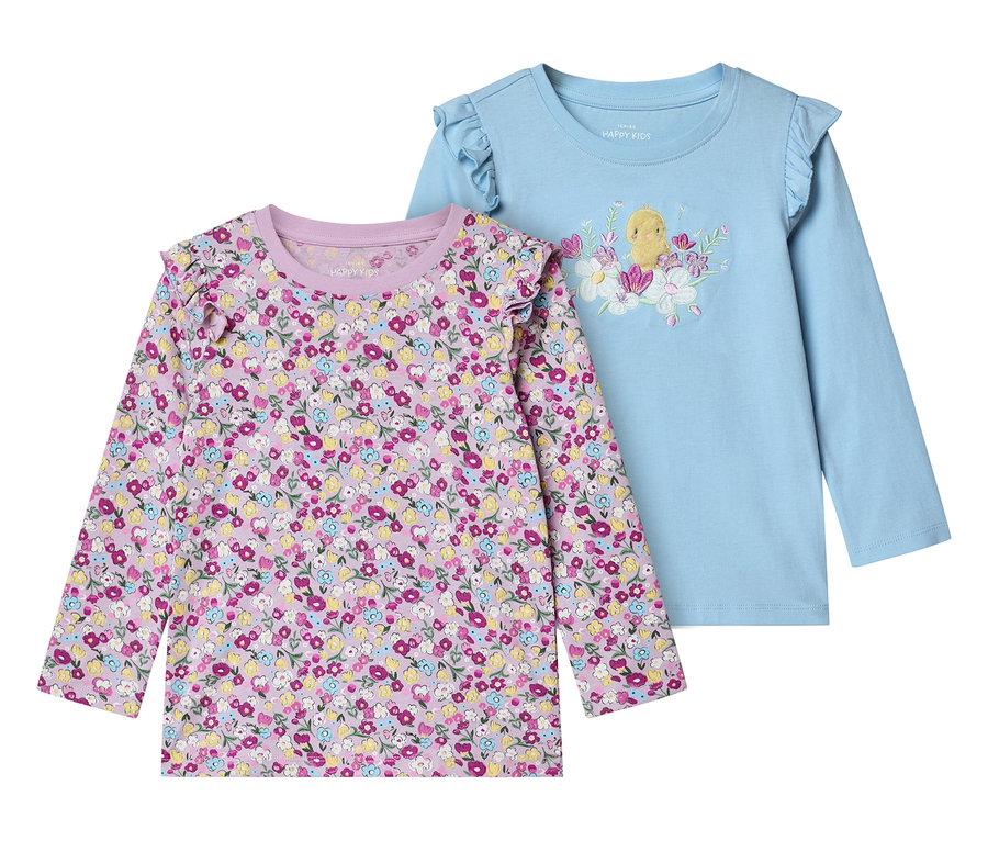 Deux t-shirts à manches longues pour enfant avec des fleurs sont côte à côte.