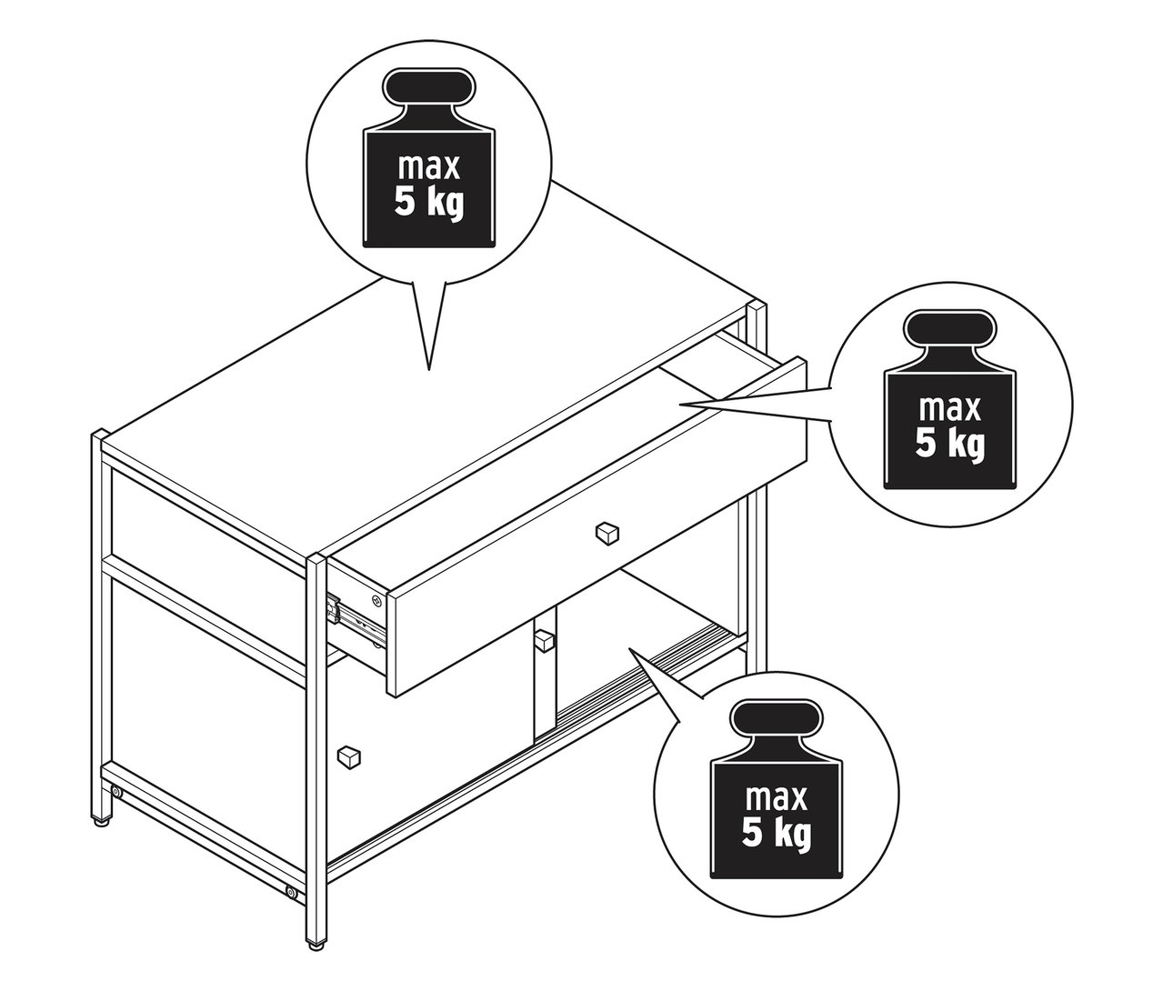 Schéma d'une commode « GRADE » avec tiroir et portes coulissantes, la limite de charge maximale de 5 kg est indiquée.