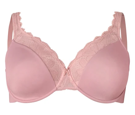 Soutien-gorge rose avec de la dentelle sur le bord supérieur des bonnets.
