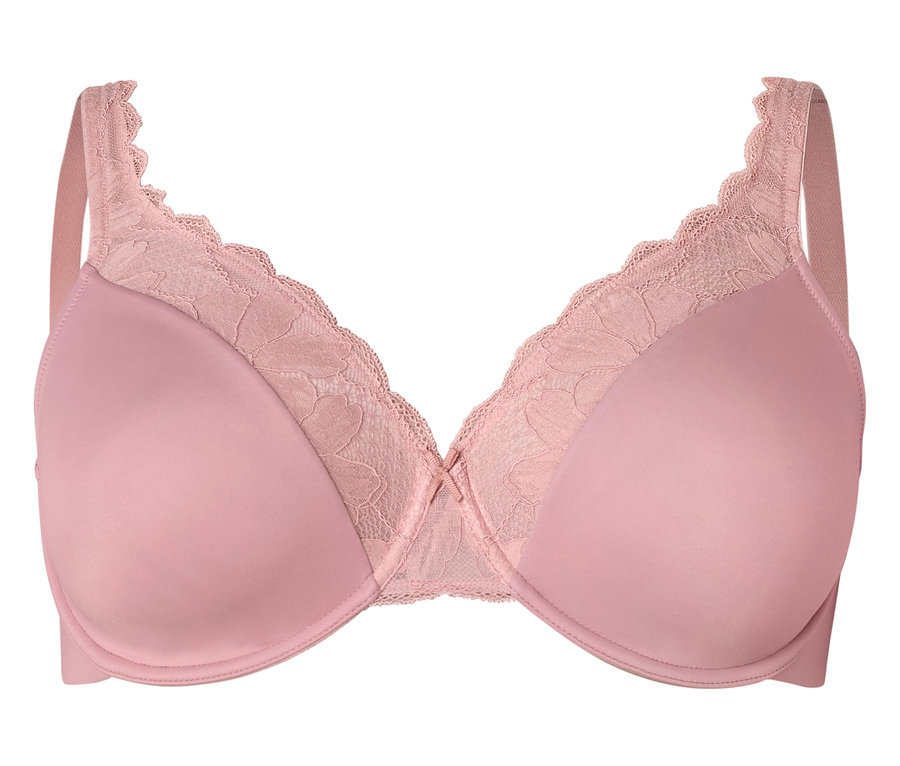 Soutien-gorge rose avec de la dentelle sur le bord supérieur des bonnets.