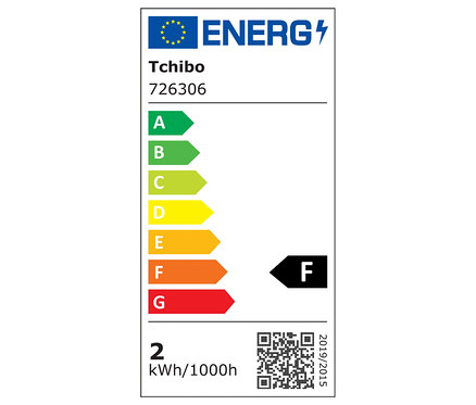Étiquette énergétique Tchibo, modèle 726306, avec une classe d'efficacité énergétique F et une consommation de 2 kWh/1000h.