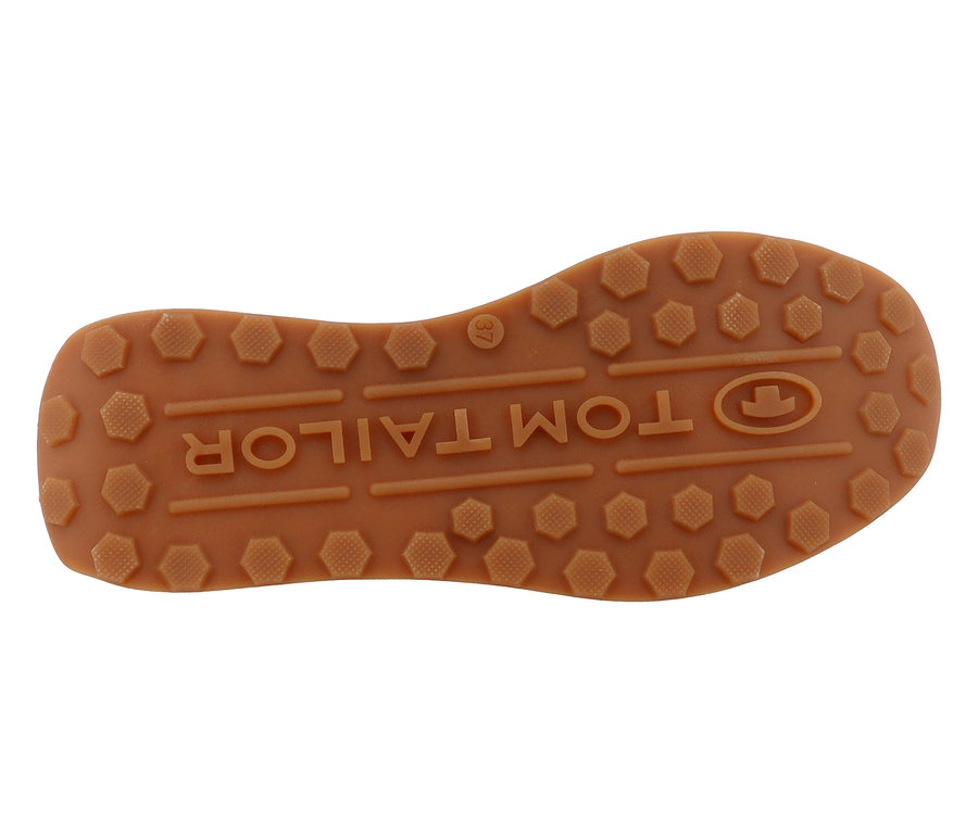 La semelle d'une chaussure Tom Tailor avec le logo Tom Tailor et un motif hexagonal.