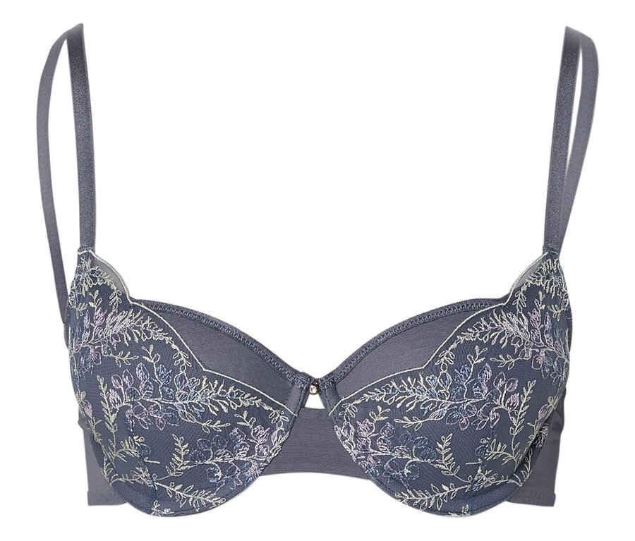 Soutien-gorge gris avec broderie florale.