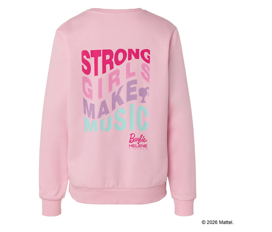 Vue arrière d'un sweat-shirt rose avec l'inscription "Strong Girls Make Music" en différentes couleurs.