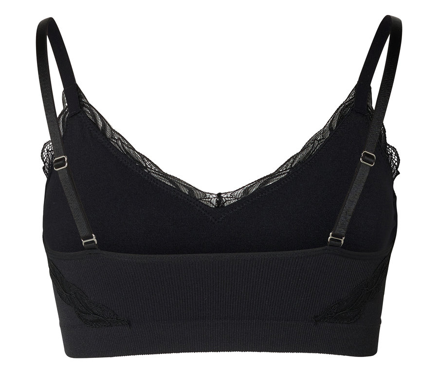 Vue arrière d'un soutien-gorge noir à fines bretelles et bordure en dentelle.