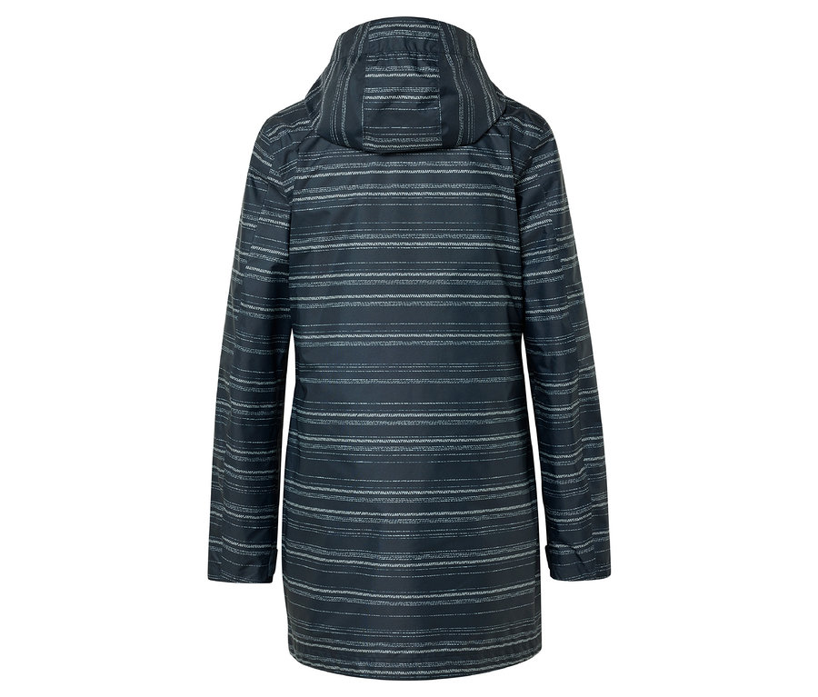 Vue arrière d'un long imperméable gris foncé à capuche avec des rayures horizontales gris clair.