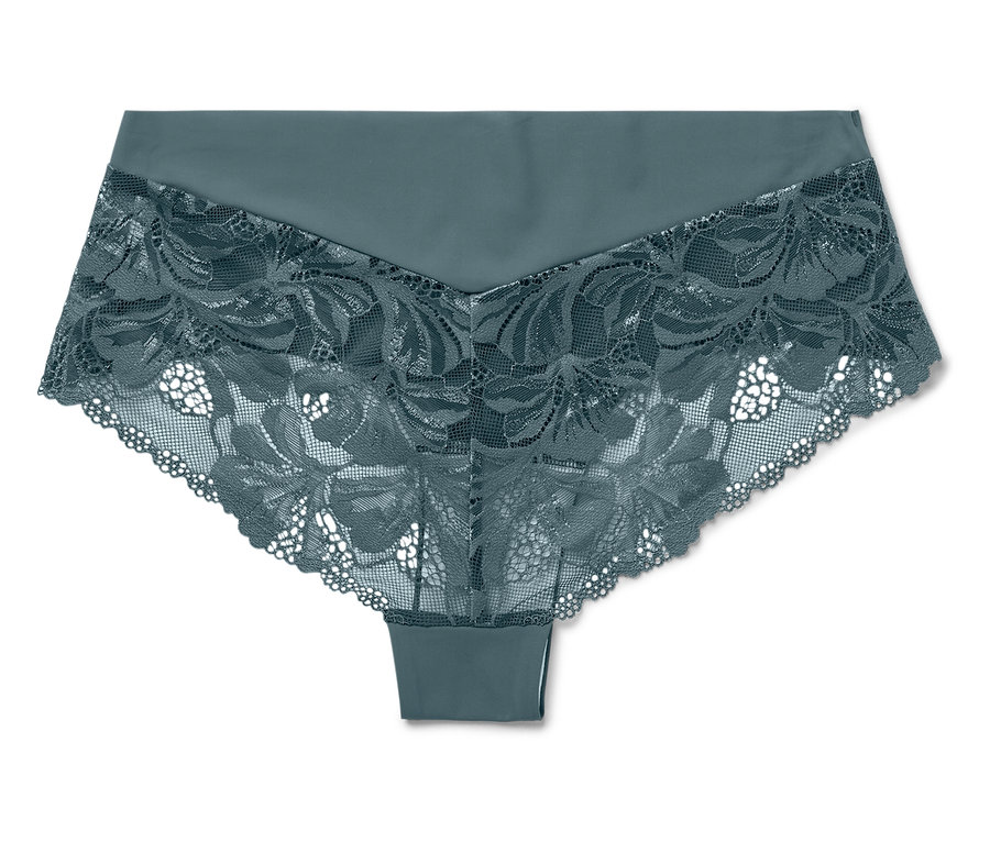 Culotte grise en dentelle pour femme sur fond blanc.