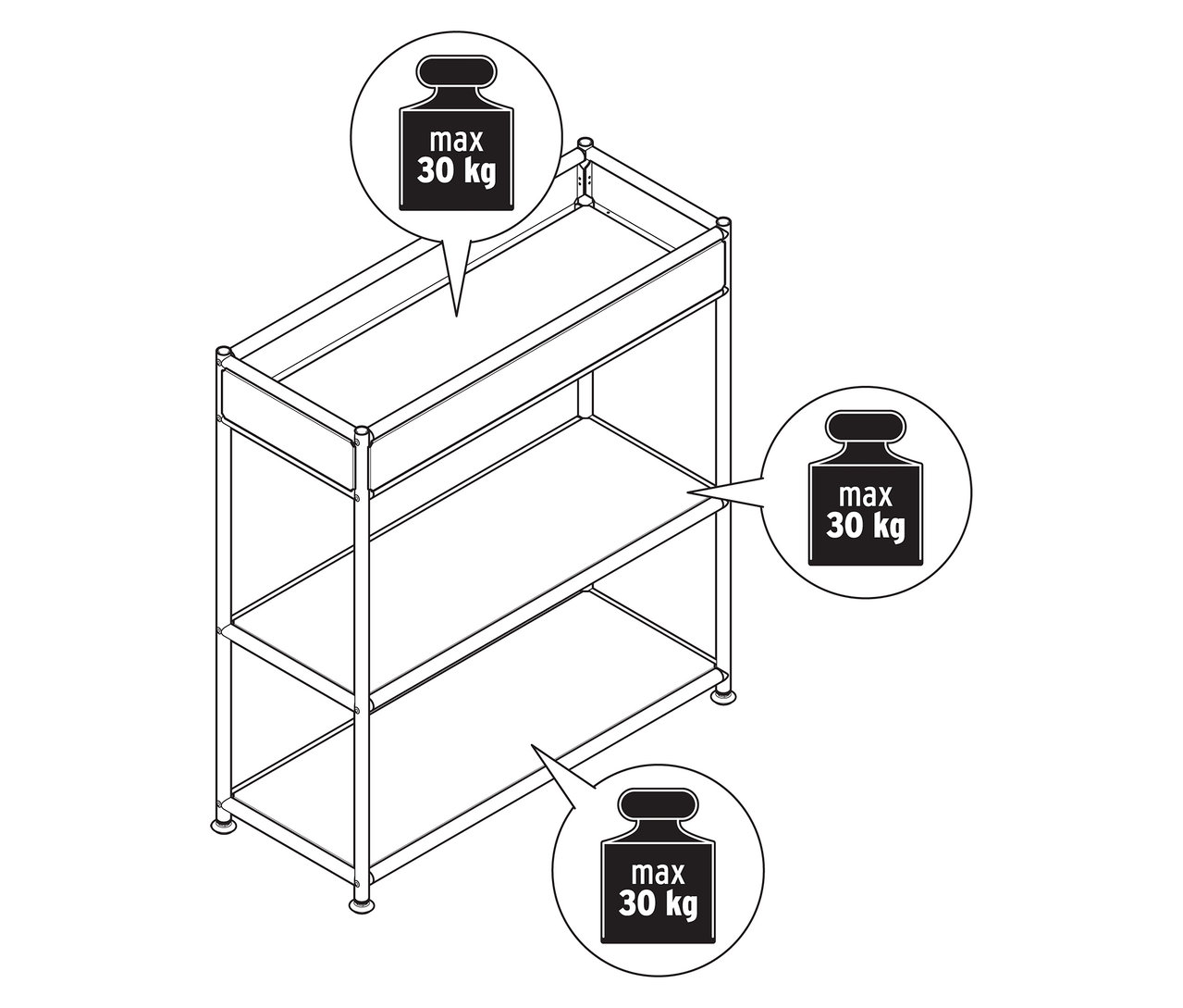 Console métallique à trois niveaux « CN3 Slim Line » avec étagère. Une note sur chaque étagère indique la charge maximale de 30 kg.