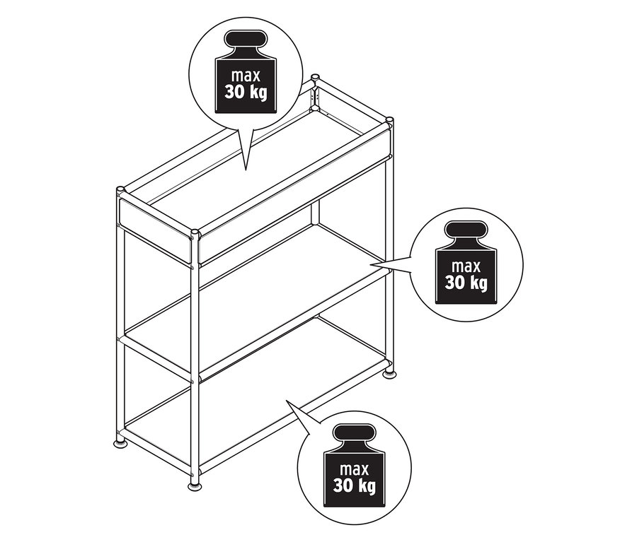 Console métallique à trois niveaux « CN3 Slim Line » avec étagère. Une note sur chaque étagère indique la charge maximale de 30 kg.