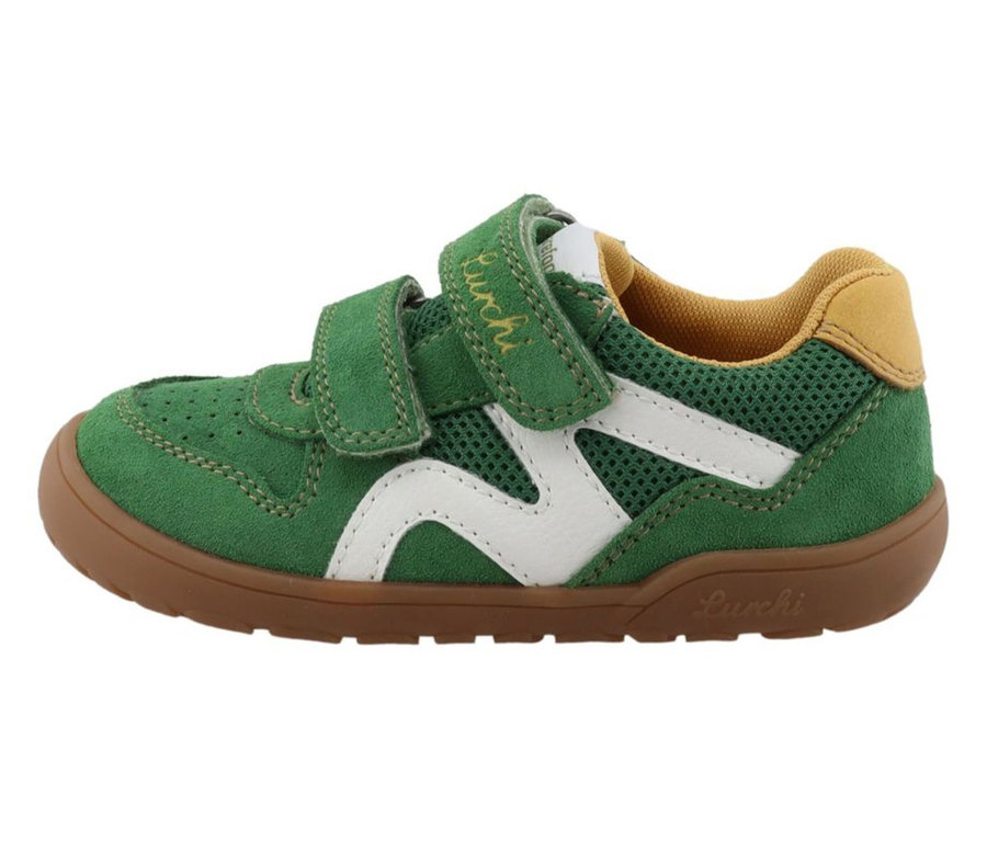 Une seule chaussure LURCHI Jamin Barefoot verte avec un motif zigzag blanc et une semelle marron.