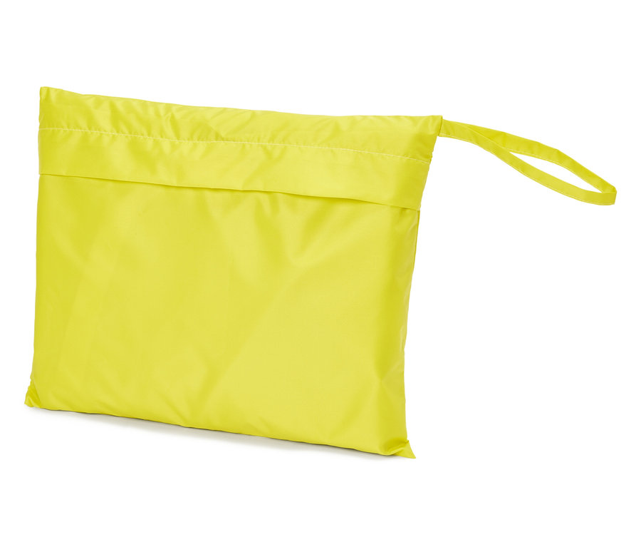 Sac de rangement jaune avec cordon de serrage posé sur un fond blanc.