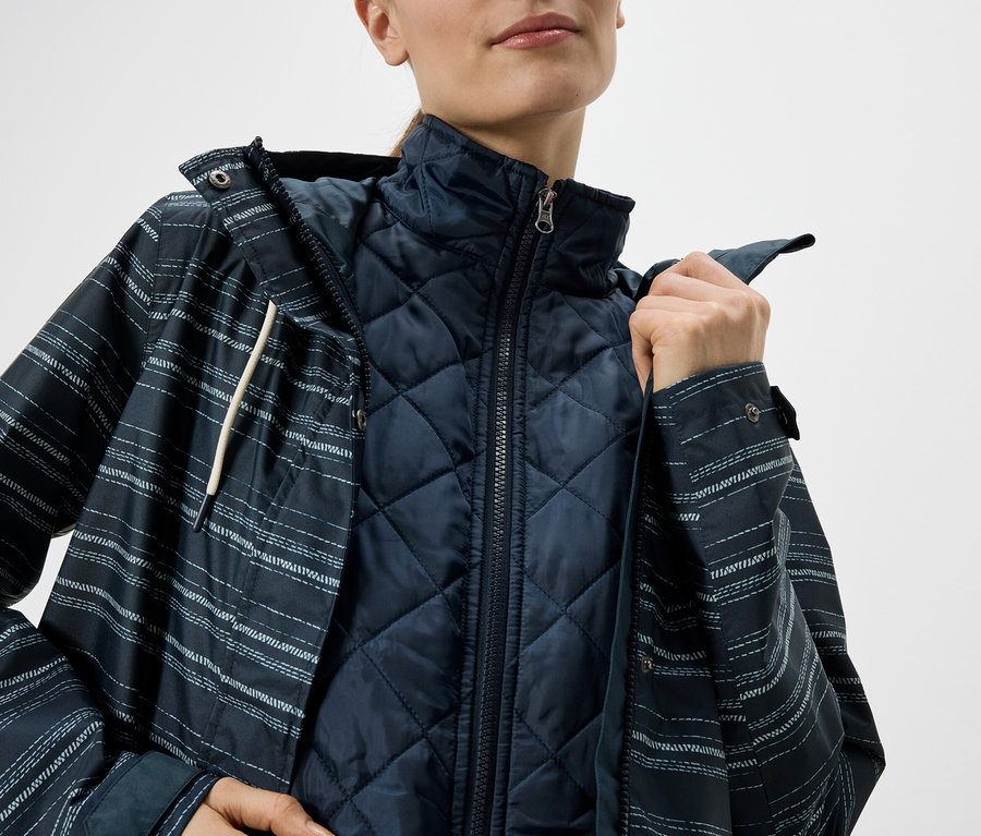 Femme portant une veste matelassée bleu marine sous un imperméable rayé ouvert avec capuche.