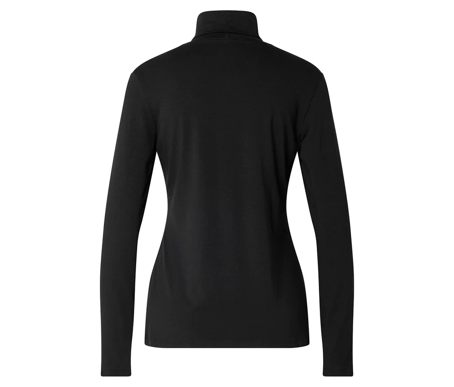 Vue arrière d'un t-shirt noir à col roulé et manches longues.
