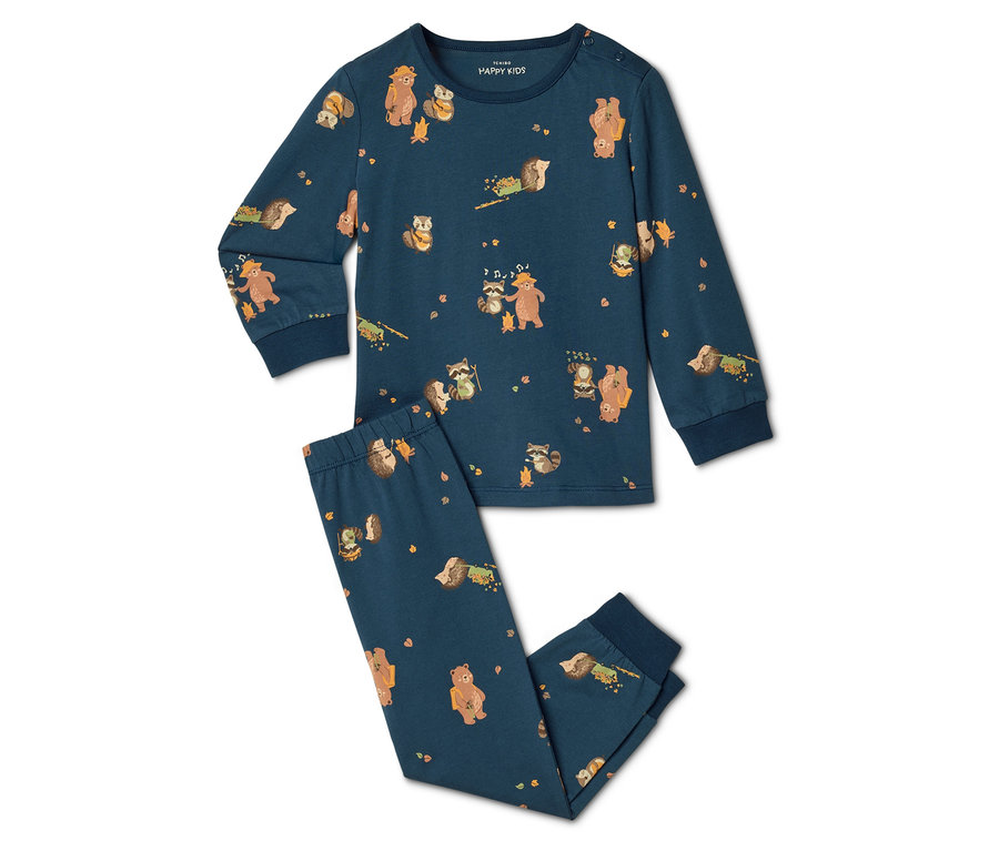 Pyjama bleu marine à motifs d'ours, de ratons laveurs et de hérissons, composé d'un haut à manches longues et d'un pantalon.