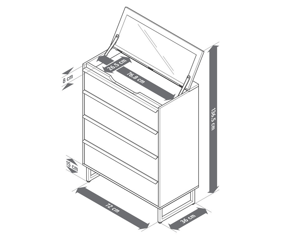 Schéma d'une commode « LEEG » avec 4 tiroirs et un miroir, avec indications de dimensions.