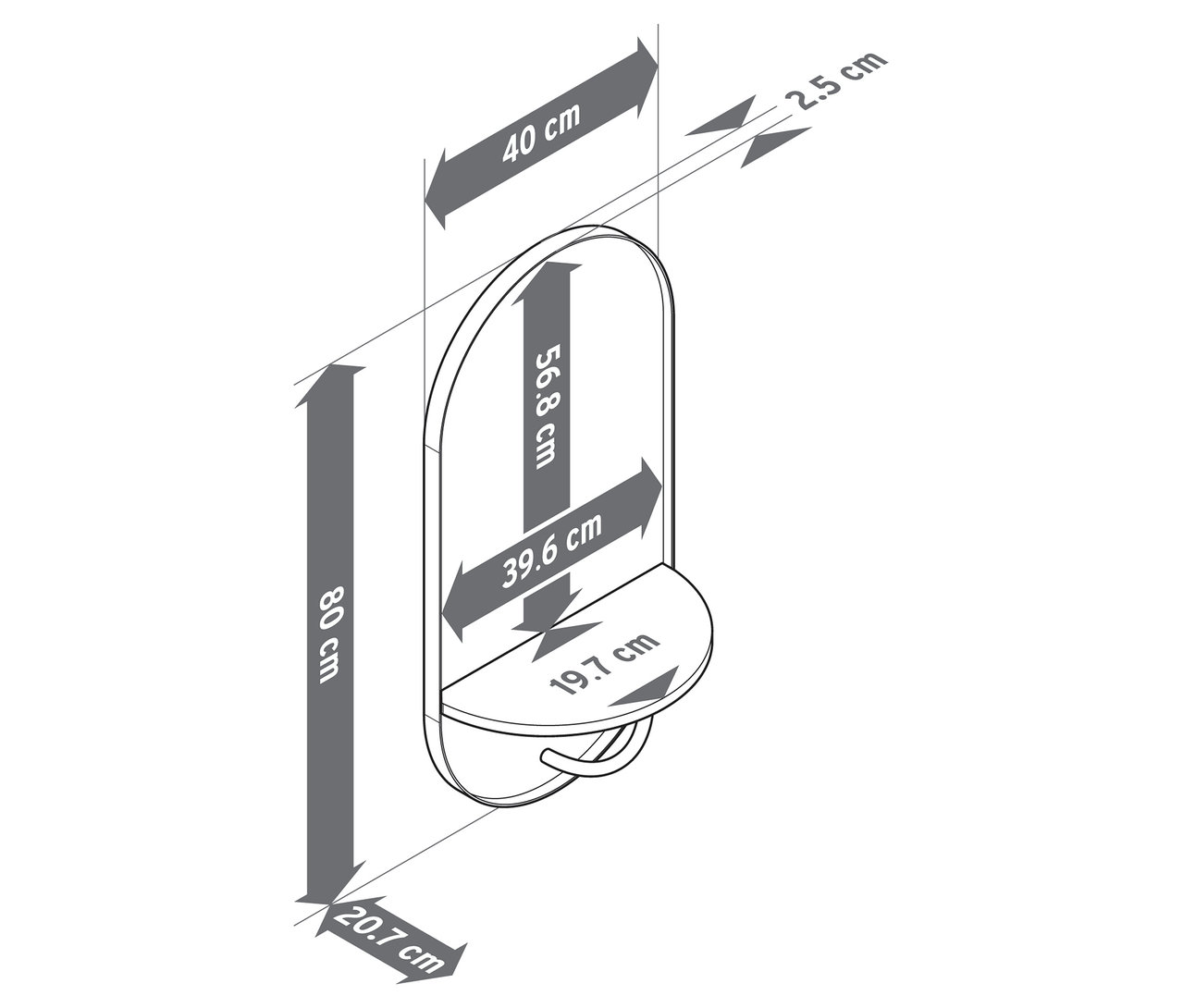 Illustration d'un miroir mural avec compartiment de rangement et tringle à vêtements, avec dimensions.