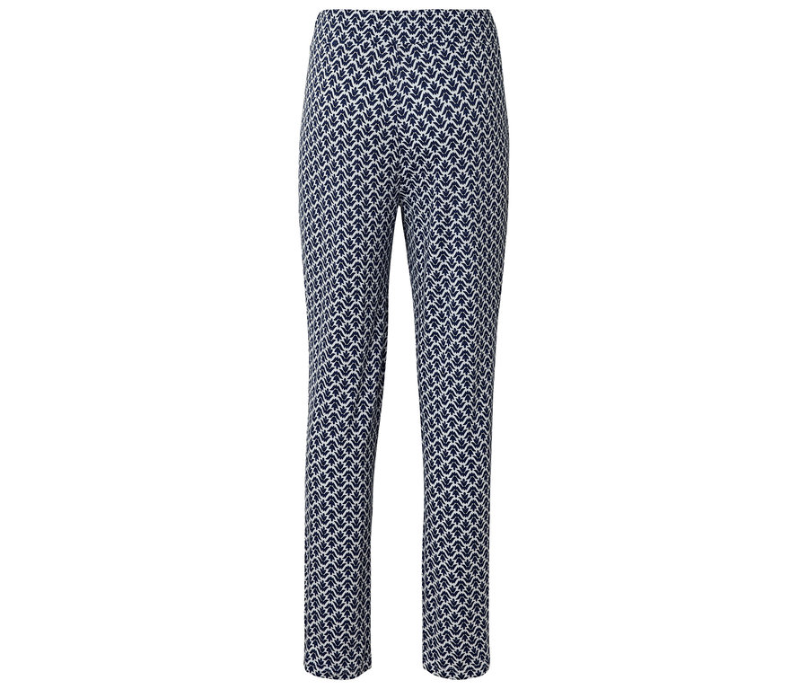 Un pantalon avec un motif de feuilles bleu foncé et blanc.