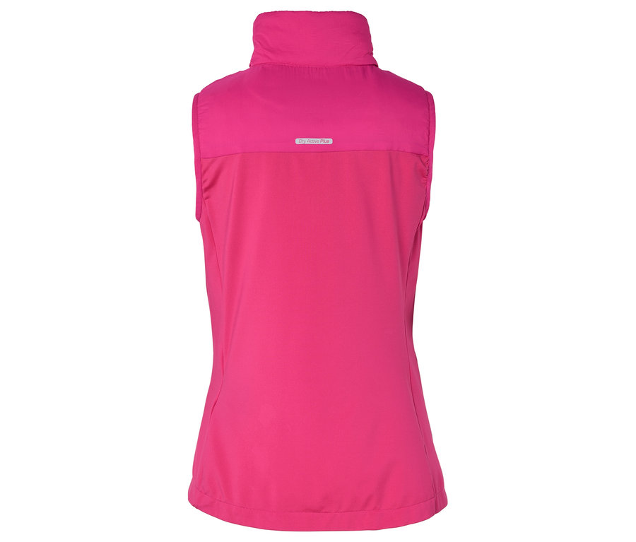 Vue arrière d'un gilet rose sans manches à col montant.