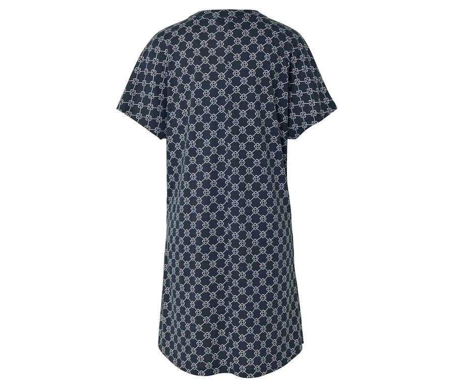 Vue arrière d'une robe bleu marine à manches courtes avec un motif blanc.