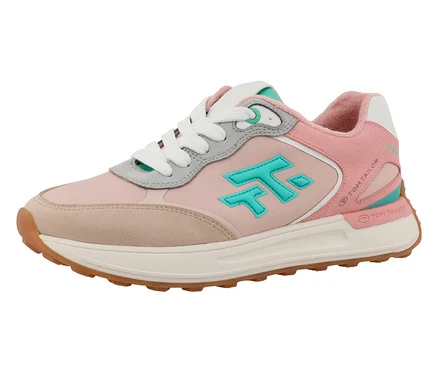 Une seule basket rose Tom Tailor avec des lacets blancs sur une surface blanche.