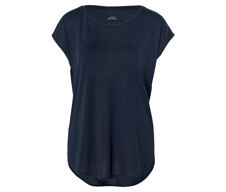 T-shirt bleu marine sur fond blanc.
