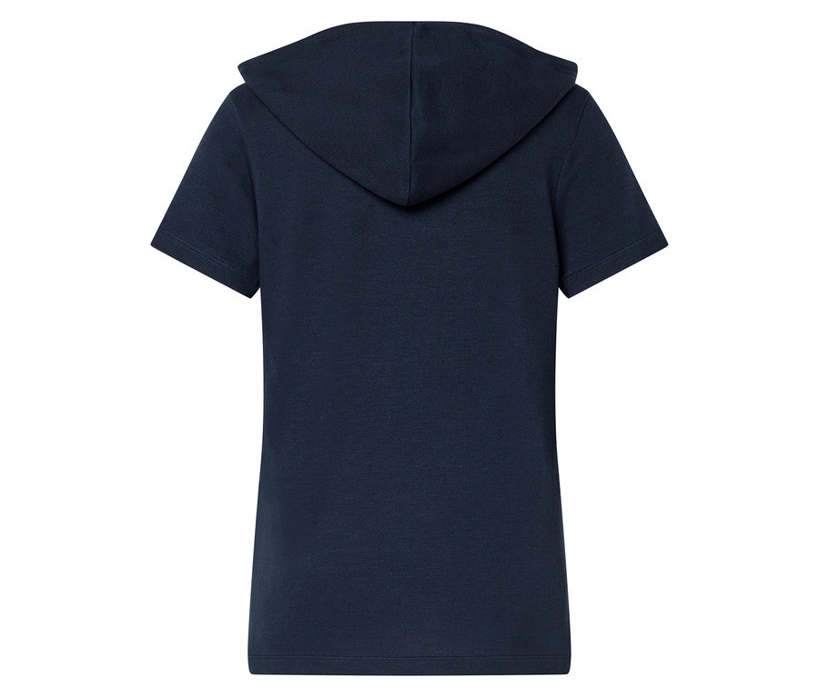 Vue arrière d'un t-shirt polo à capuche bleu marine.