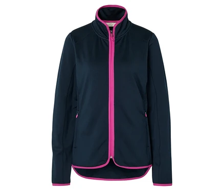 Veste polaire bleu marine avec fermeture éclair et poignets roses.