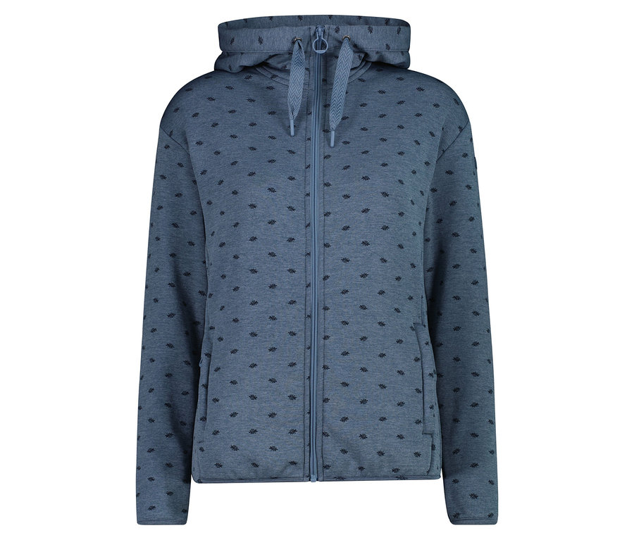 Sweat à capuche bleu clair avec fermeture éclair, orné d'un motif subtil.