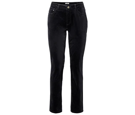 Pantalon en velours côtelé noir posé de face sur fond blanc.