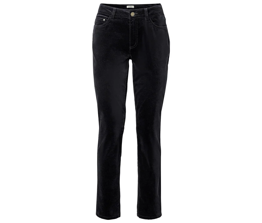Pantalon en velours côtelé noir posé de face sur fond blanc.