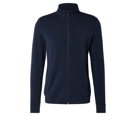 Veste bleu marine avec fermeture éclair intégrale et col montant sur fond blanc.