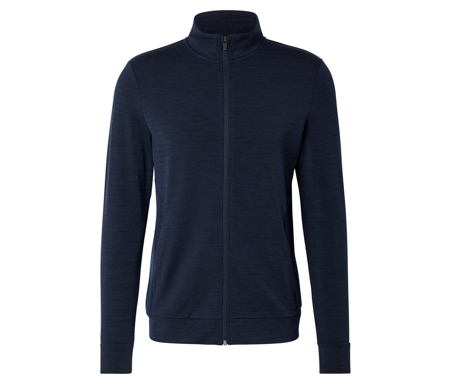 Veste bleu marine avec fermeture éclair intégrale et col montant sur fond blanc.