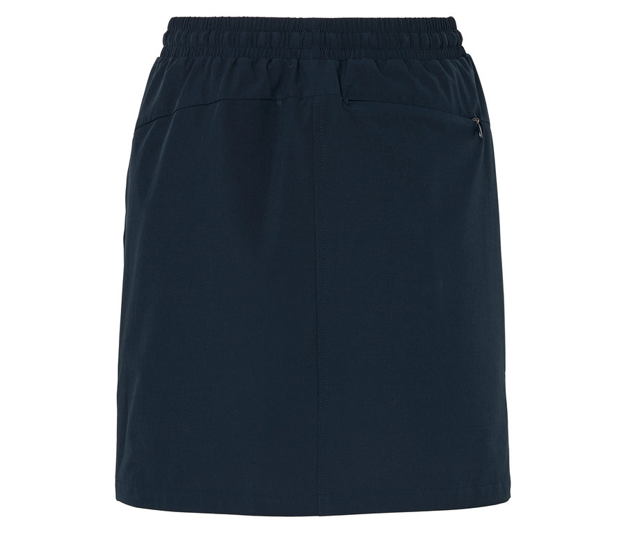 Vue arrière d'une jupe bleu foncé avec une taille élastique.