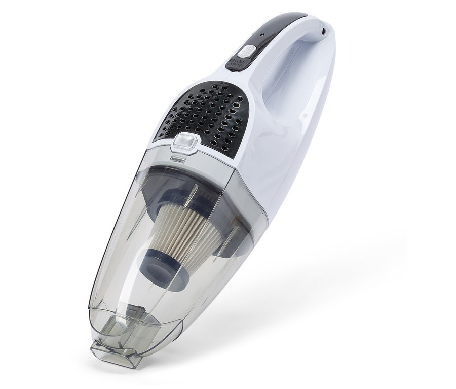Aspirateur à main blanc avec collecteur de poussière transparent et filtre sur fond blanc.
