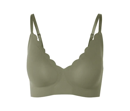 Soutien-gorge confort bonded kaki avec bords festonnés et bretelles réglables.