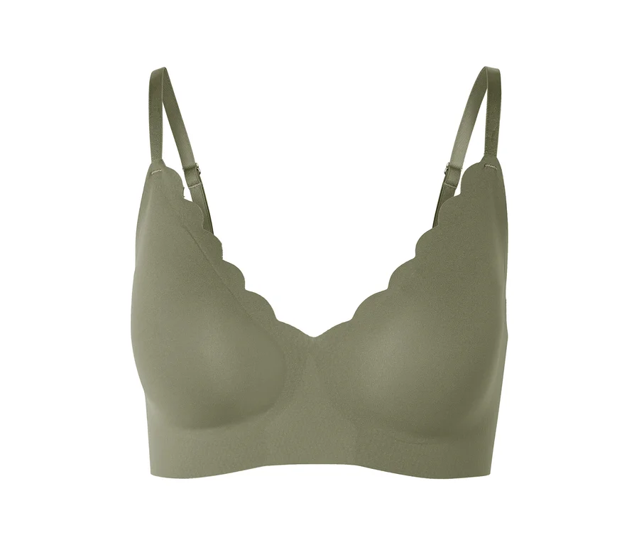 Soutien-gorge confort bonded kaki avec bords festonnés et bretelles réglables.