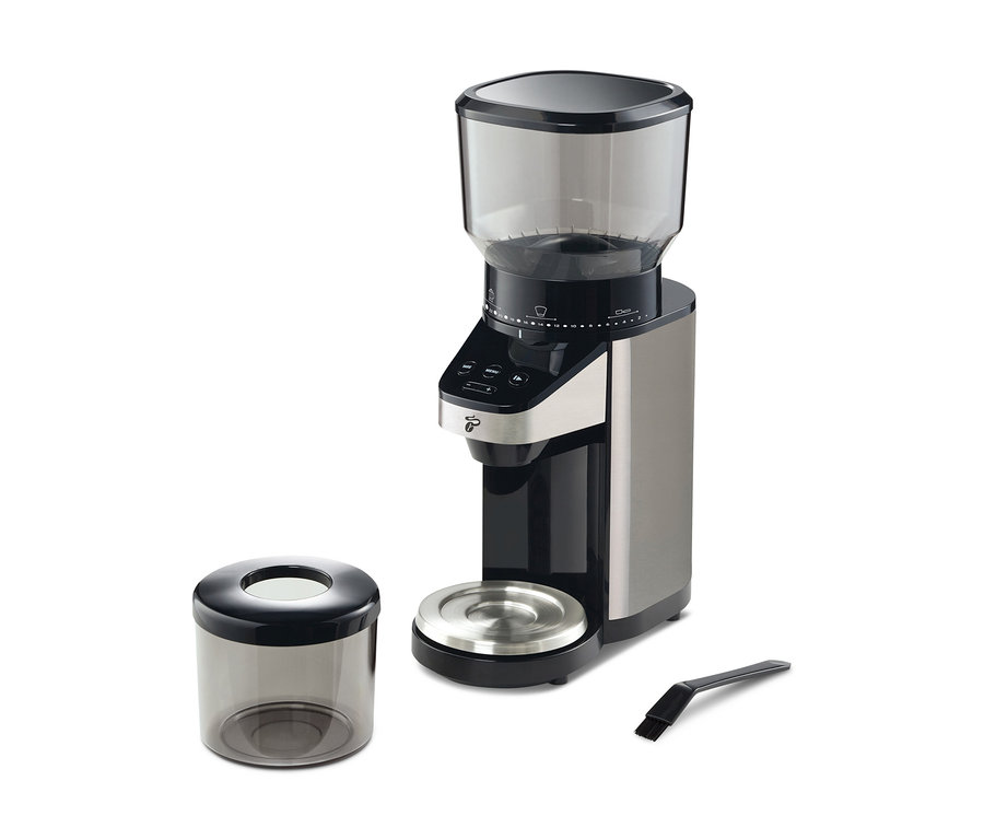 Moulin à café électrique avec balance, avec récipient pour le café moulu et brosse de nettoyage.
