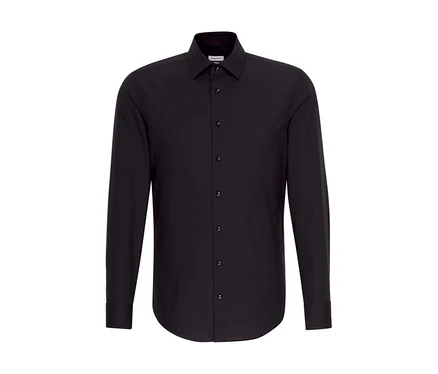 Chemise Seidensticker noire à manches longues, col classique et boutons noirs, présentée sur fond blanc.