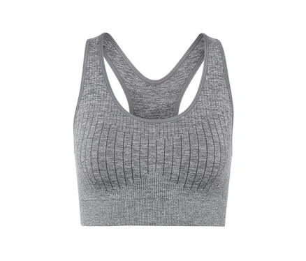 Un soutien-gorge de sport gris sur fond blanc.