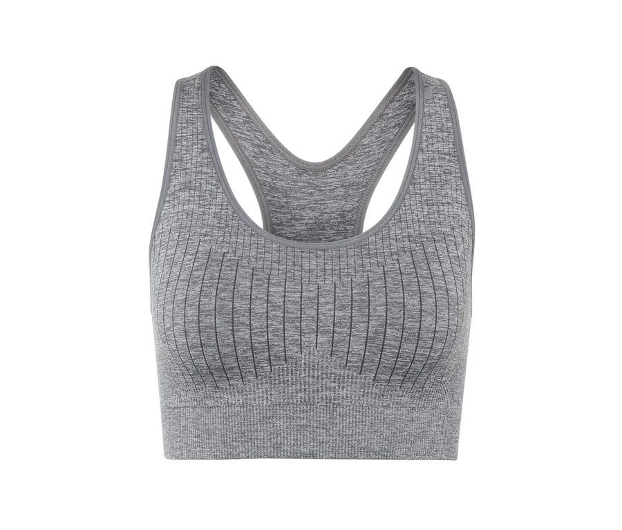 Un soutien-gorge de sport gris sur fond blanc.