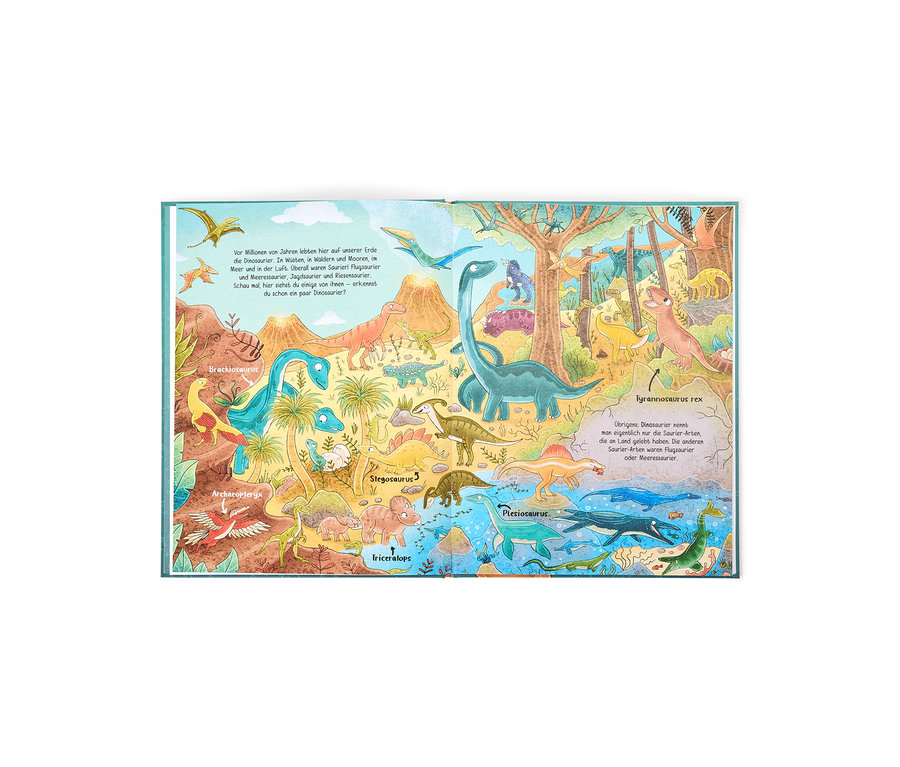 Illustration colorée d'un paysage préhistorique avec des montagnes, des arbres et de l'eau, peuplé de nombreux dinosaures. Sont étiquetés Brachiosaurus, Archaeopteryx, Stegosaurus, Triceratops, Plesiosaurus et Tyrannosaurus rex, accompagnés de zones de texte explicatives.