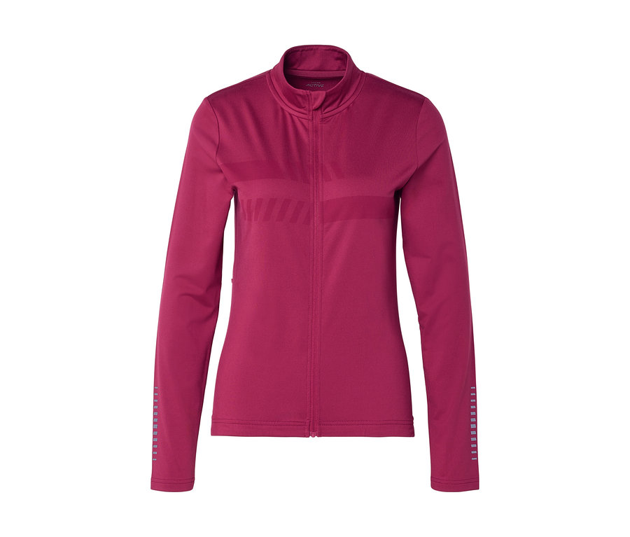 Veste de sport magenta à manches longues avec une fermeture éclair intégrale, un col montant, une bande horizontale texturée sur la poitrine et des bandes verticales texturées sur les avant-bras.