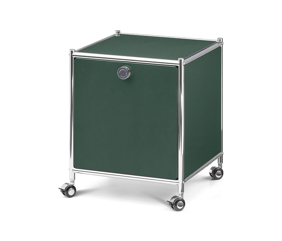 Un meuble de rangement cubique vert foncé sur roulettes, avec une porte, une poignée ronde et un cadre chromé.