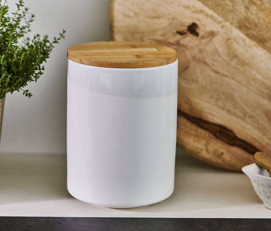 Boîte à café blanche en céramique avec couvercle en bois, 500 g.