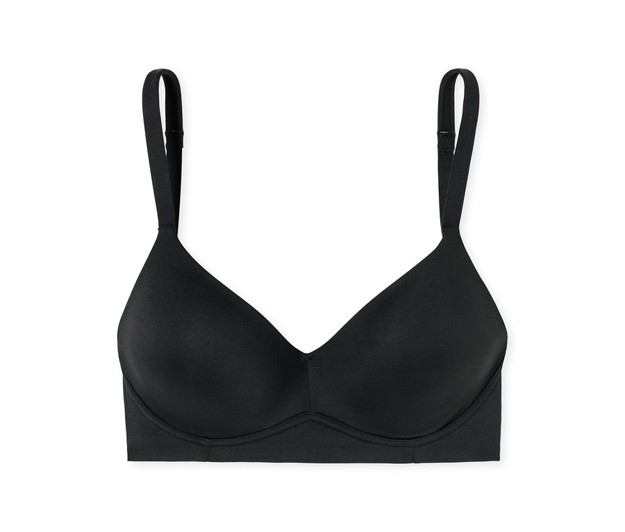 Soutien-gorge noir légèrement rembourré avec bonnets lisses et bretelles réglables, sur fond blanc.