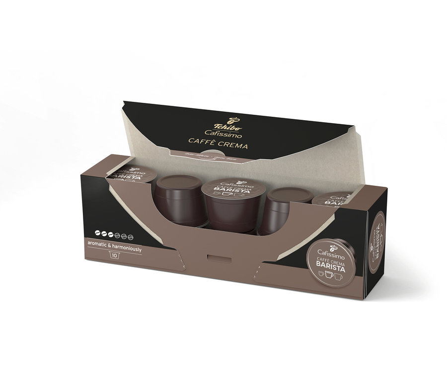 Paquet ouvert de capsules Cafissimo BARISTA Caffè Crema, 10 capsules visibles.